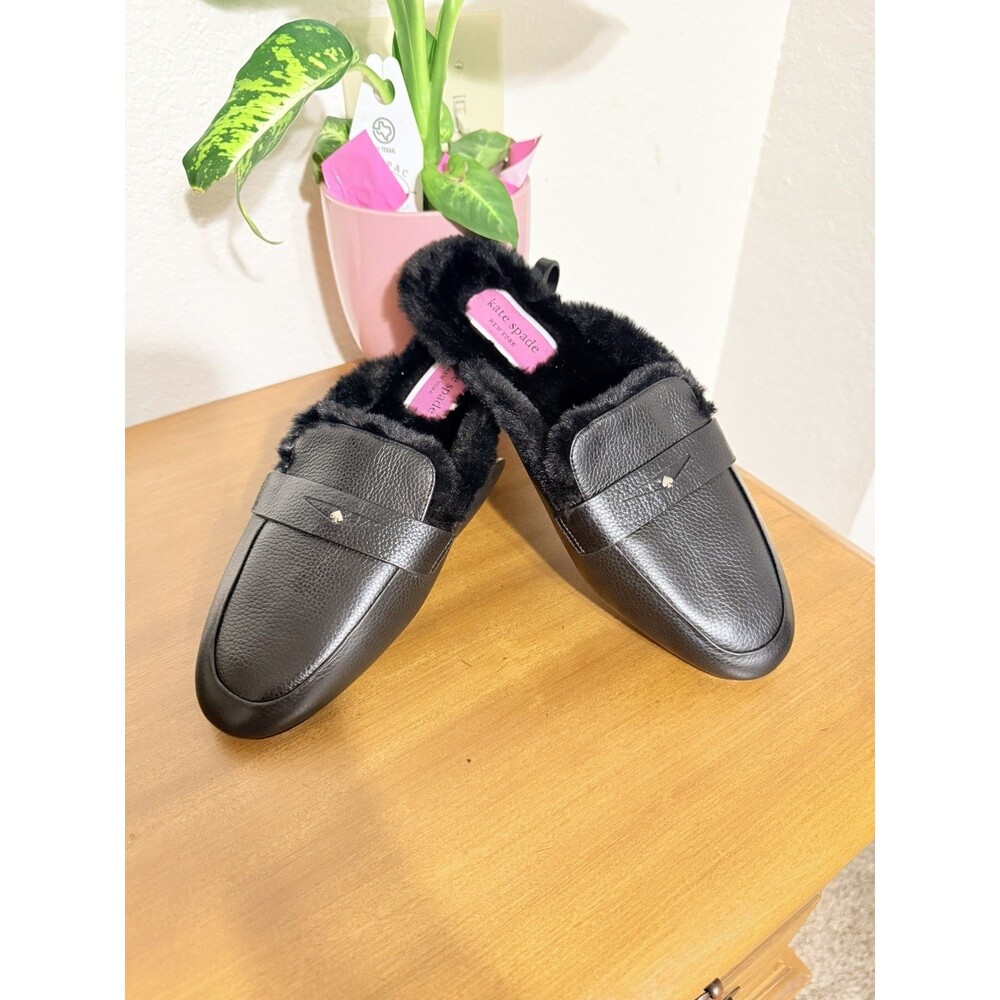 Kate Spade New York Caelyn Black Leather Faux Fur Mules Loafers Size 9B NEW